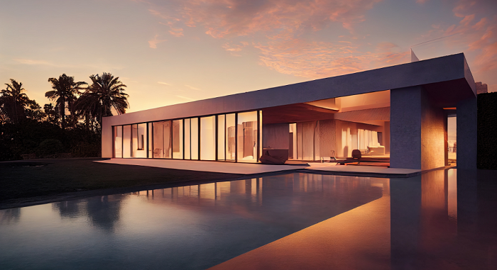 Modern house with floor-to-ceiling windows at dusk, reflecting in a black swimming pool.
