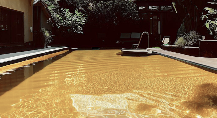 Swimming pool with golden-hued water reflecting the sunlight, surrounded by a dark wooden deck and greenery. Gold Pool Plaster