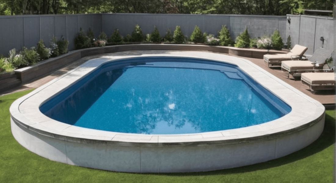 A well-maintained elliptical outdoor swimming pool with clear blue water, surrounded by a concrete deck, landscaping, and several lounge chairs. Stealth Pool