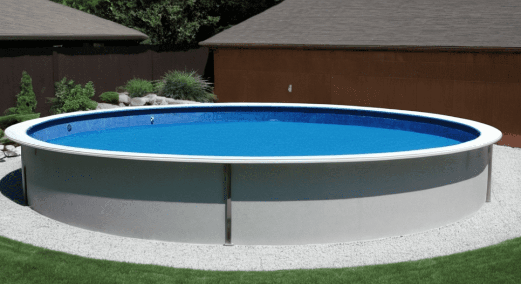 Above-ground round swimming pool filled with clear blue water, set on a gravel base with a background of grass, trees, and buildings.