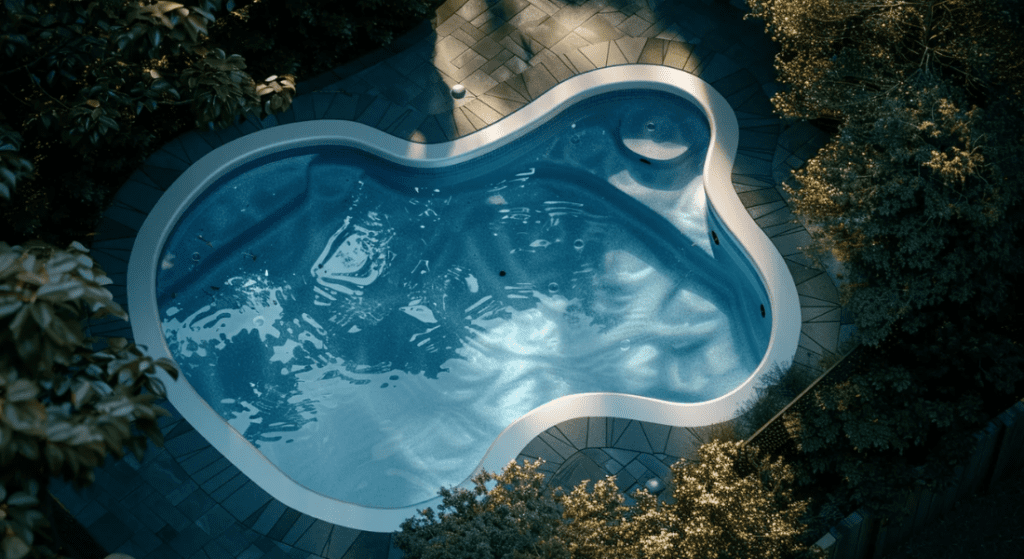 Aerial view of a kidney-shaped swimming pool surrounded by tiled pavement and trees, with sunlight reflecting on the water surface.