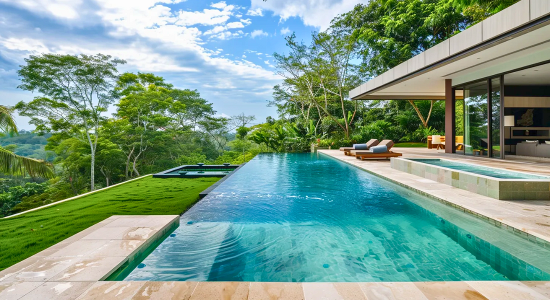 A modern infinity pool with lounge chairs overlooks a scenic forested landscape. The pool area includes a hot tub and a grassy section with additional seating under a partially covered patio.