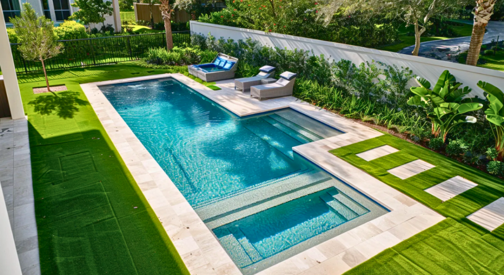 A modern backyard features a rectangular swimming pool with an attached hot tub, surrounded by artificial grass, lounge chairs, and lush greenery.