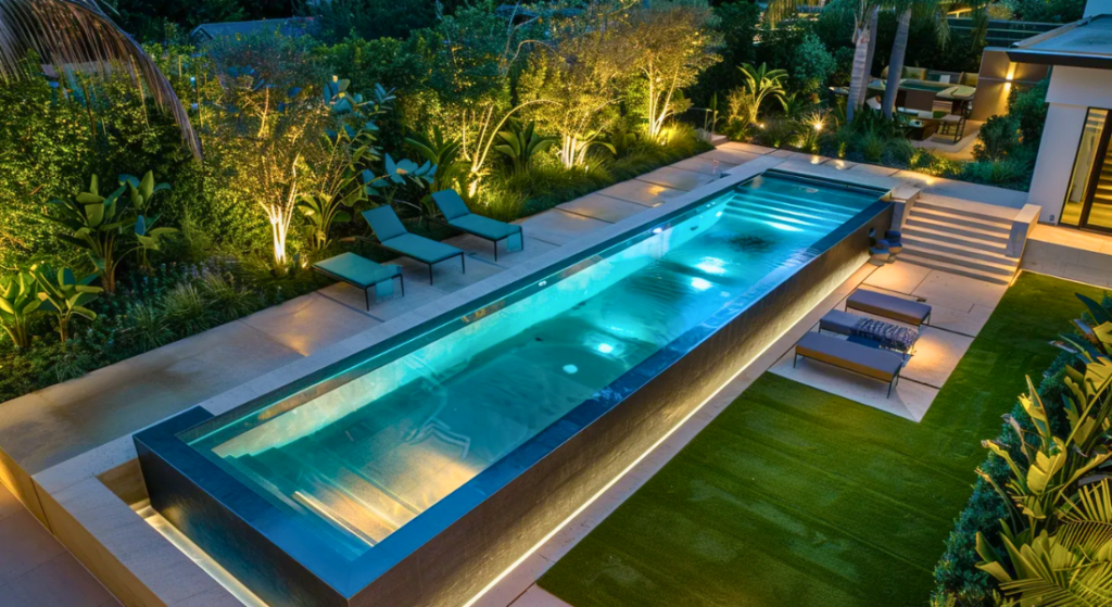 Outdoor lap pool with surrounding lounge chairs, illuminated by landscape lighting at night, features a modern design with clean lines and adjacent green lawn area.