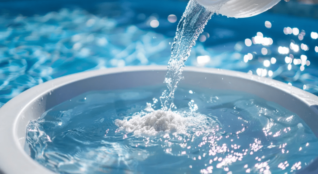 A white container pours a granular substance, likely pool cleaner, into the water of a swimming pool.