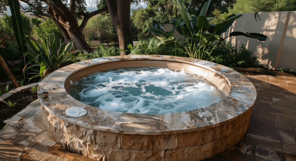 A round stone hot tub with bubbling water is set outdoors amidst lush greenery and trees. Inground Spa.