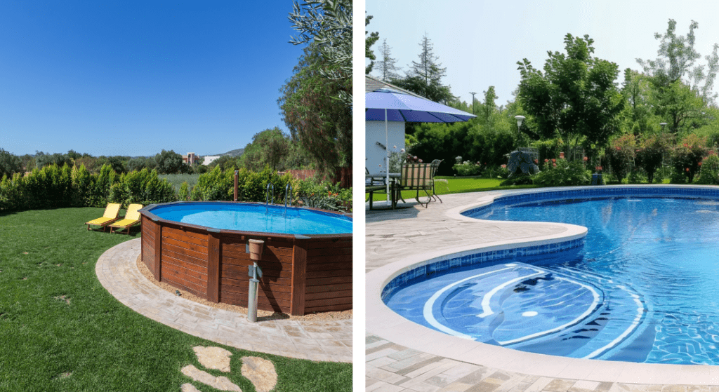 The image shows two swimming pools: one elevated circular wooden pool with two yellow lounge chairs, and a ground-level kidney-shaped pool with a patio set under a blue umbrella in a garden setting.