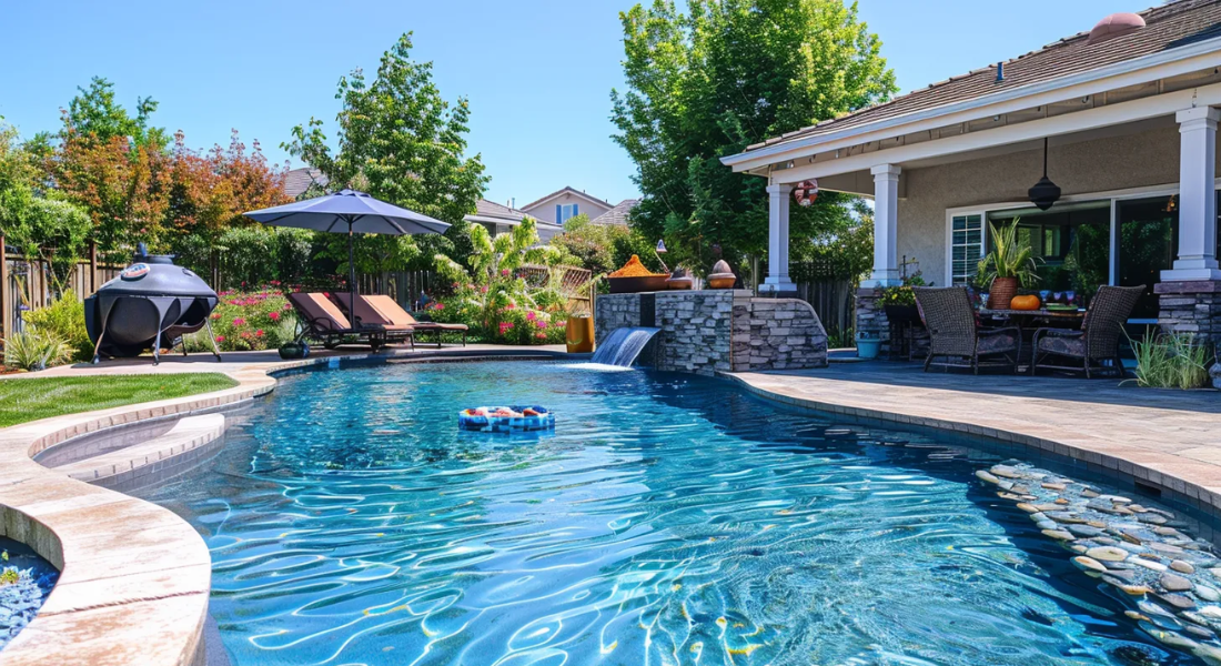 Backyard with an outdoor pool, lounge chairs under an umbrella, a covered patio with seating, and a stone waterfall feature. Trees and plants surround the area, and houses are visible in the background.