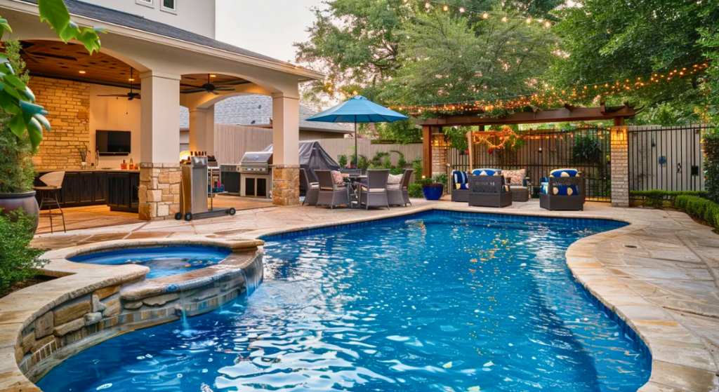 Backyard with a swimming pool, hot tub, outdoor seating area, pergola with string lights, barbecue grill, and covered patio with a ceiling fan. The area is surrounded by trees and fencing.