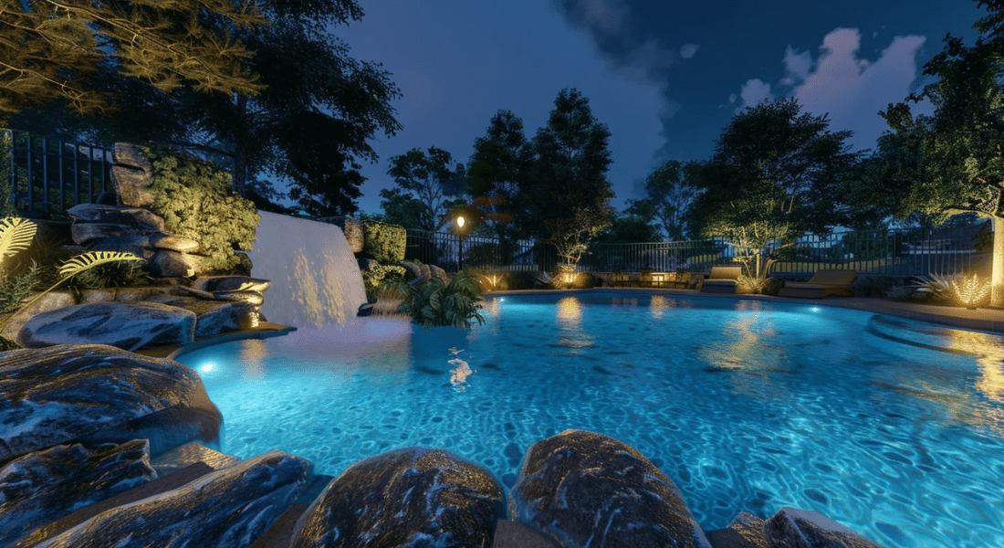 A nighttime view of a lit swimming pool surrounded by rocks and trees. A waterfall feature is on the left, and there are lights around the pool's perimeter. pool trend 2024