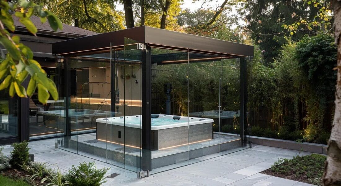 A modern outdoor hot tub enclosed in glass under a sleek black pergola, surrounded by trees and a tiled patio.