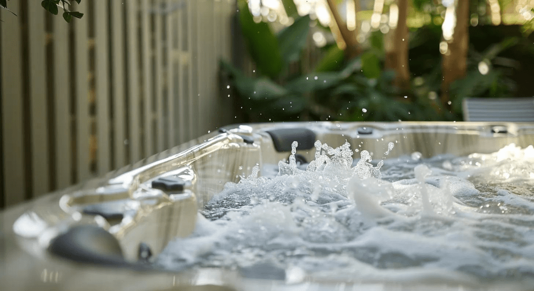 Hot tub with bubbling water, surrounded by a wooden fence and greenery.