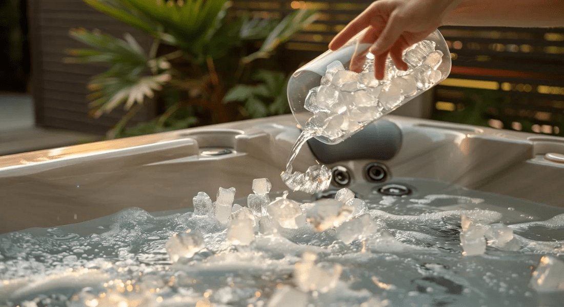 A hand pours ice cubes from a container into a bubbling hot tub, with a leafy plant visible in the background.