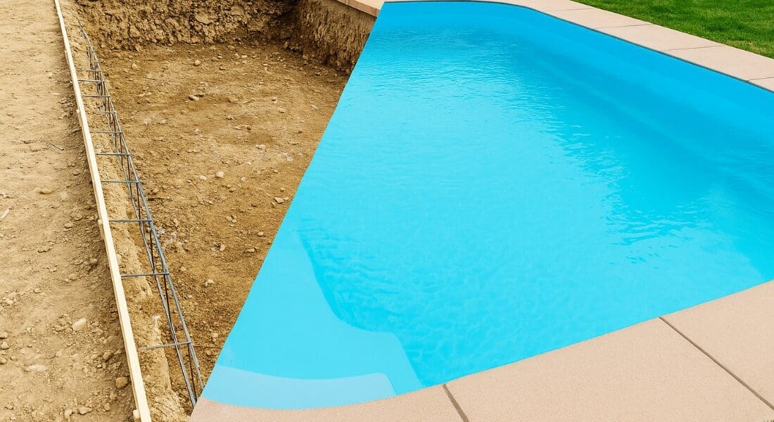 Split image showing a backyard pool construction site on the left and a finished in-ground swimming pool filled with water on the right.